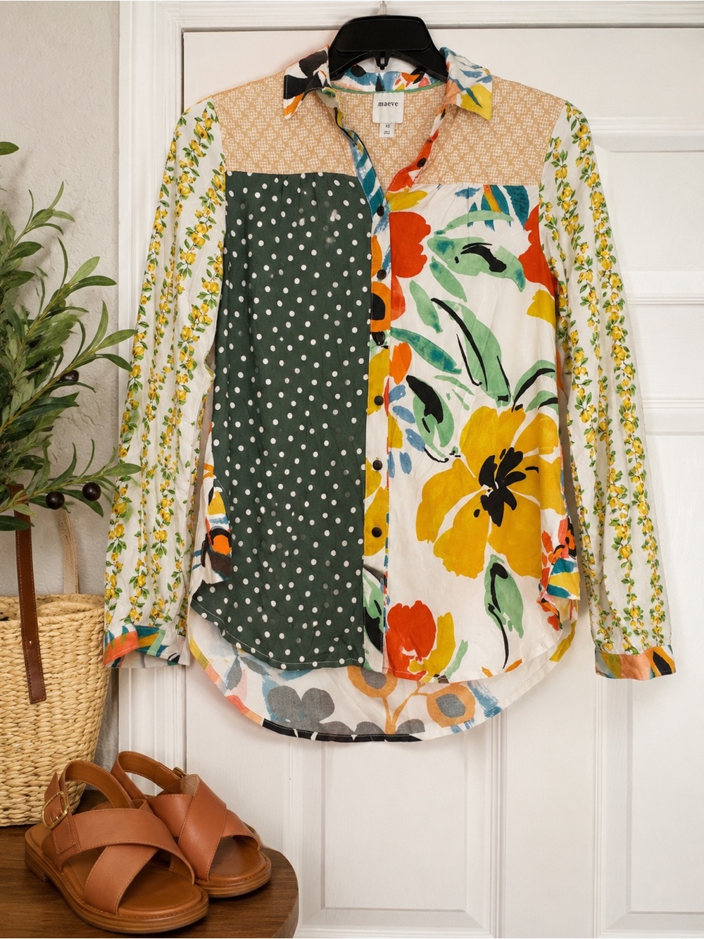 Maeve Floral Patchwork Button-Up Shirt - Multi Anthropologie 100% viscose